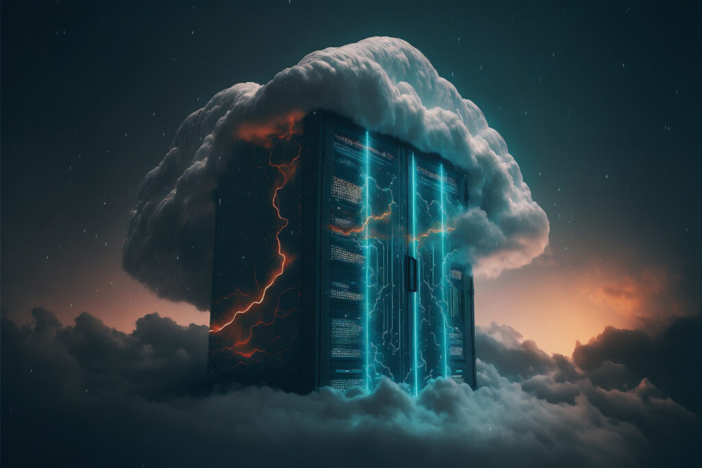 Server cloud data storage concept. Cloudscape digital online service for global network. Web database backup computer infrastructure